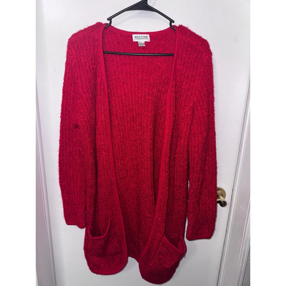 Western Connection Red Popcorn Knit Open Front Longline Cardigan Sweater Small